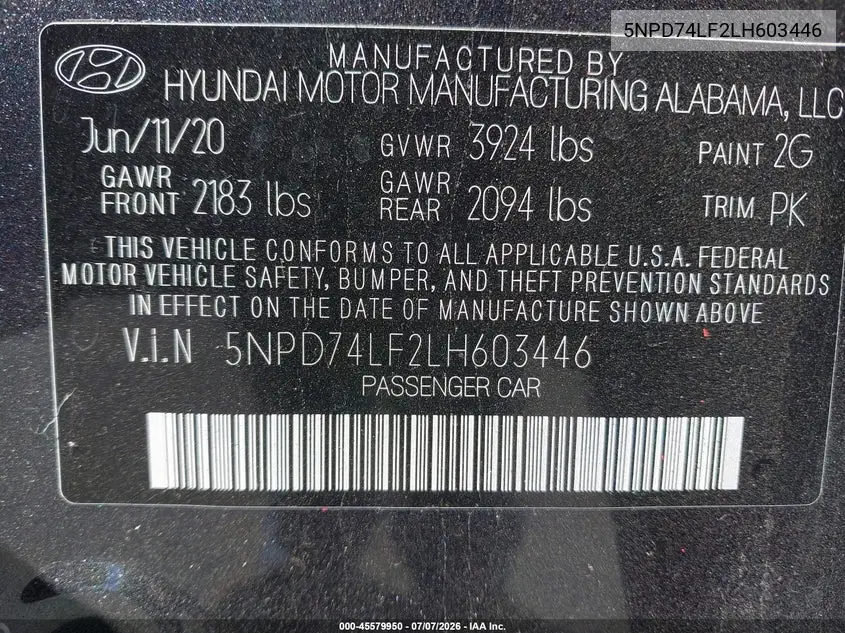 2020 Hyundai Elantra Se VIN: 5NPD74LF2LH603446 Lot: 45579950