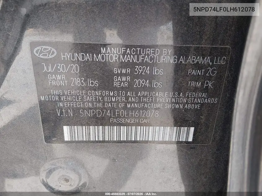 2020 Hyundai Elantra Se VIN: 5NPD74LF0LH612078 Lot: 45583329