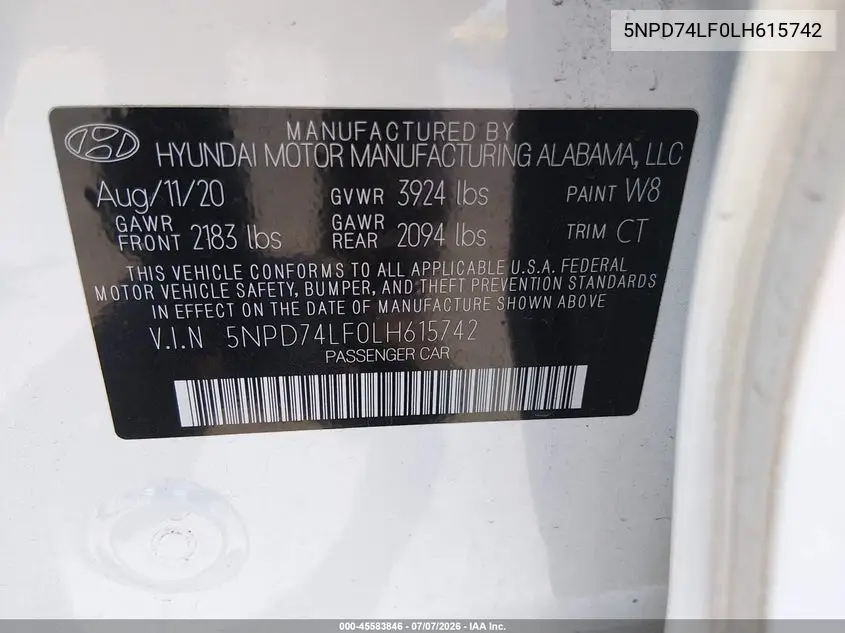 2020 Hyundai Elantra Se VIN: 5NPD74LF0LH615742 Lot: 45583846