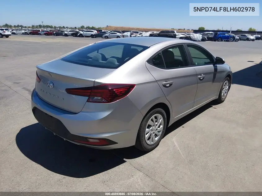 2020 Hyundai Elantra Se VIN: 5NPD74LF8LH602978 Lot: 45593685