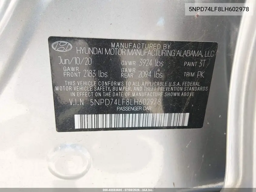 2020 Hyundai Elantra Se VIN: 5NPD74LF8LH602978 Lot: 45593685