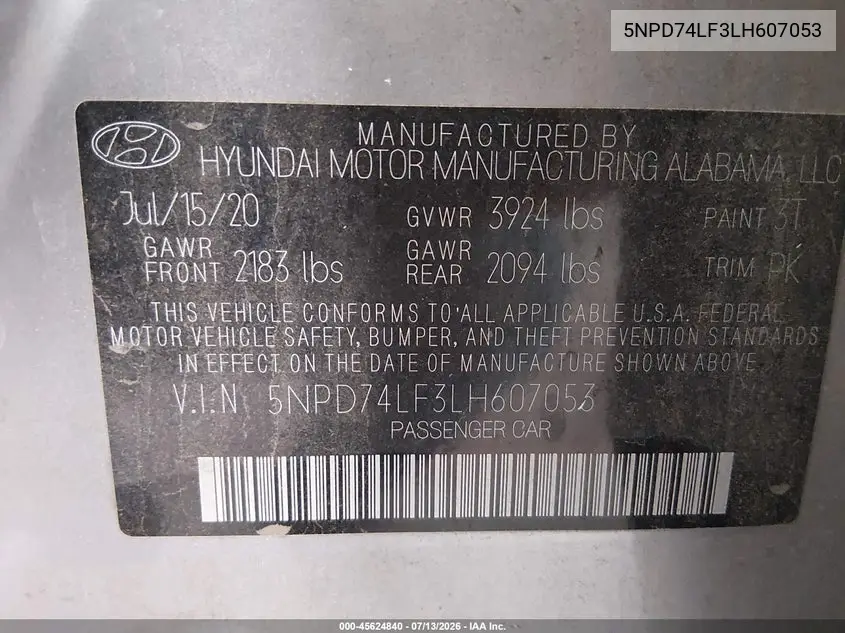 2020 Hyundai Elantra Se VIN: 5NPD74LF3LH607053 Lot: 45624840
