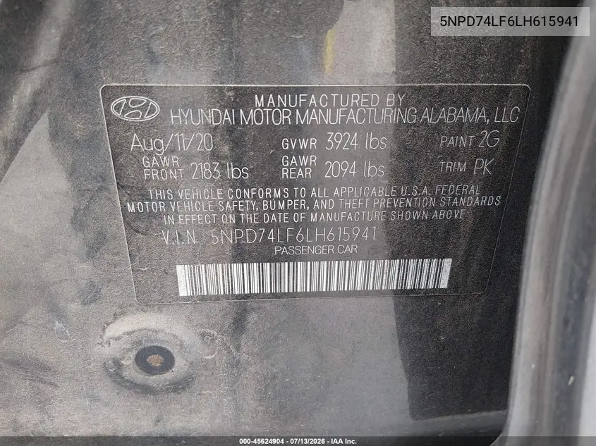 2020 Hyundai Elantra Se VIN: 5NPD74LF6LH615941 Lot: 45624904