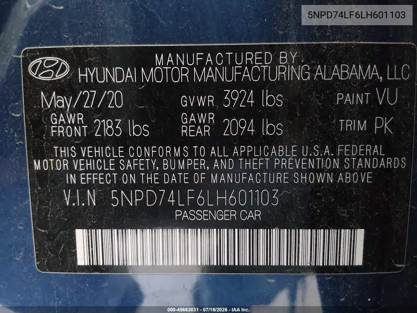 2020 Hyundai Elantra Se VIN: 5NPD74LF6LH601103 Lot: 45663831
