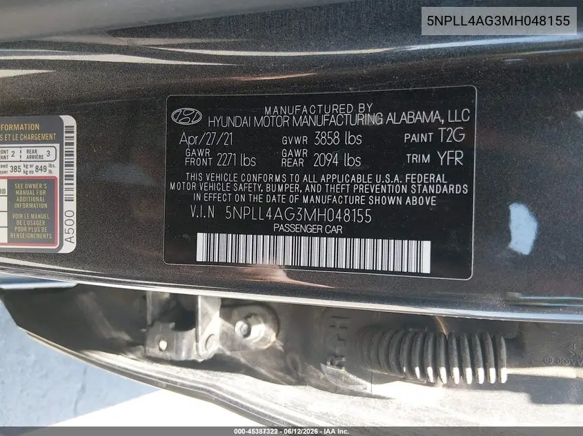 2021 Hyundai Elantra Se VIN: 5NPLL4AG3MH048155 Lot: 45387322