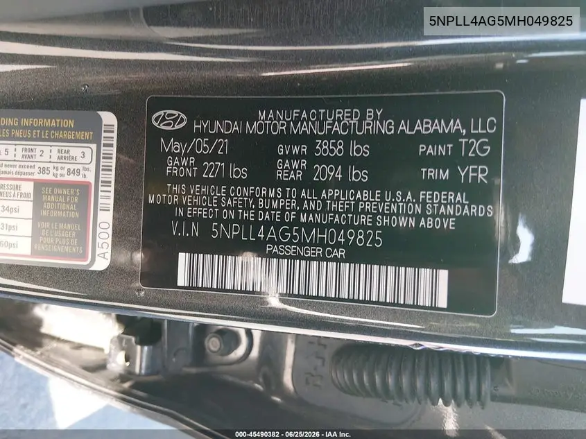 2021 Hyundai Elantra Se VIN: 5NPLL4AG5MH049825 Lot: 45490382