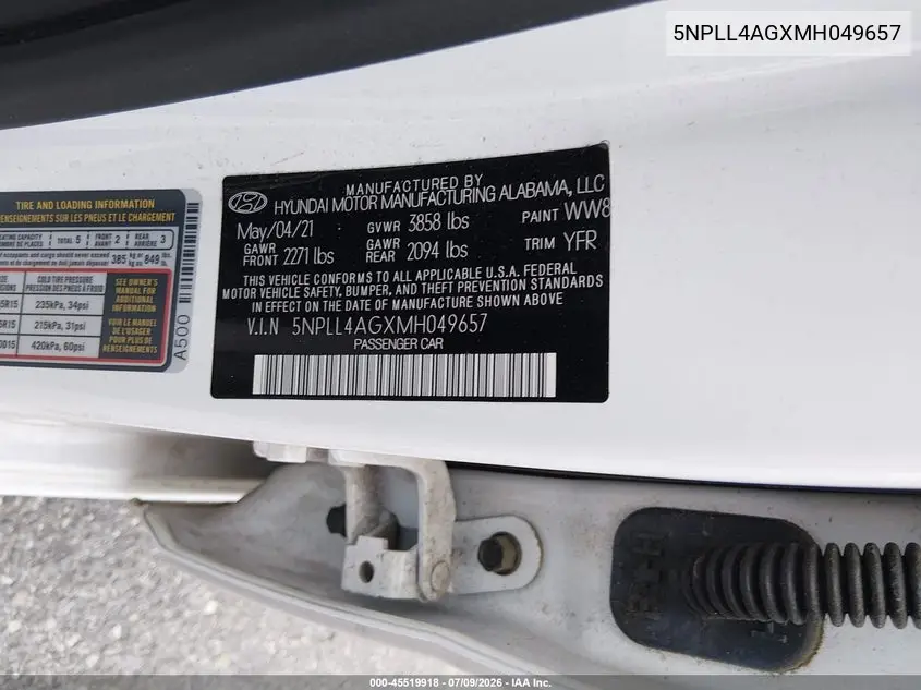 2021 Hyundai Elantra Se VIN: 5NPLL4AGXMH049657 Lot: 45519918