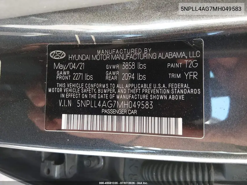 2021 Hyundai Elantra Se VIN: 5NPLL4AG7MH049583 Lot: 45581335