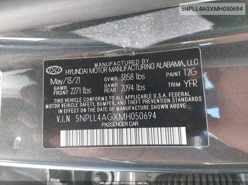 2021 Hyundai Elantra Se VIN: 5NPLL4AGXMH050694 Lot: 45671061