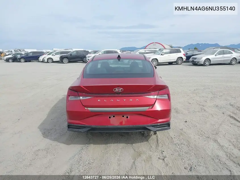 2022 Hyundai Elantra Sel VIN: KMHLN4AG6NU355140 Lot: 12643727