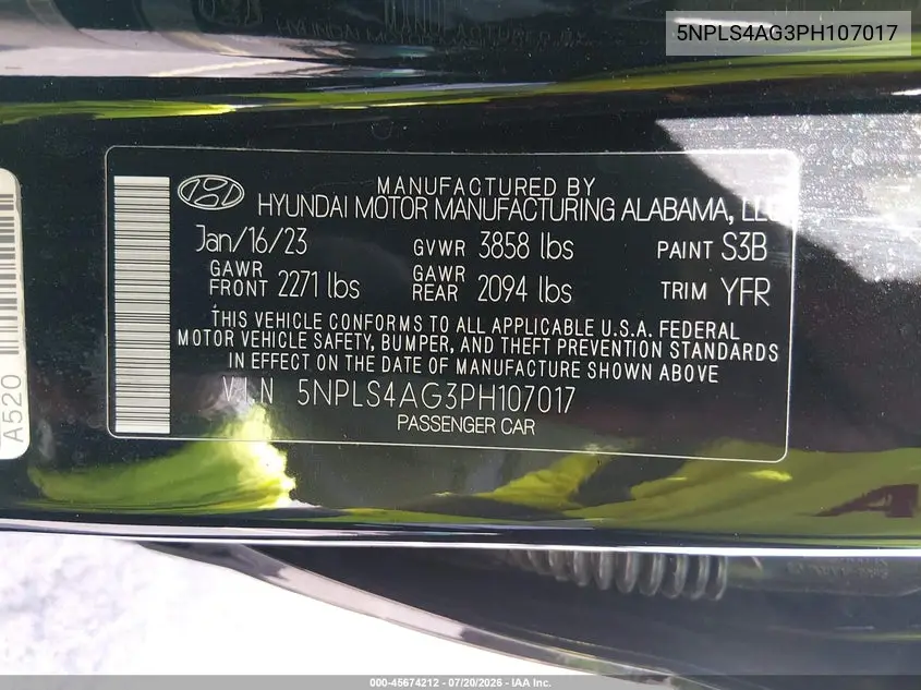 2023 Hyundai Elantra Sel VIN: 5NPLS4AG3PH107017 Lot: 45674212