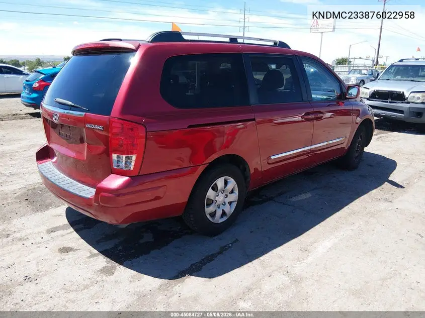 2007 Hyundai Entourage Gls/Limited/Se VIN: KNDMC233876022958 Lot: 45084727