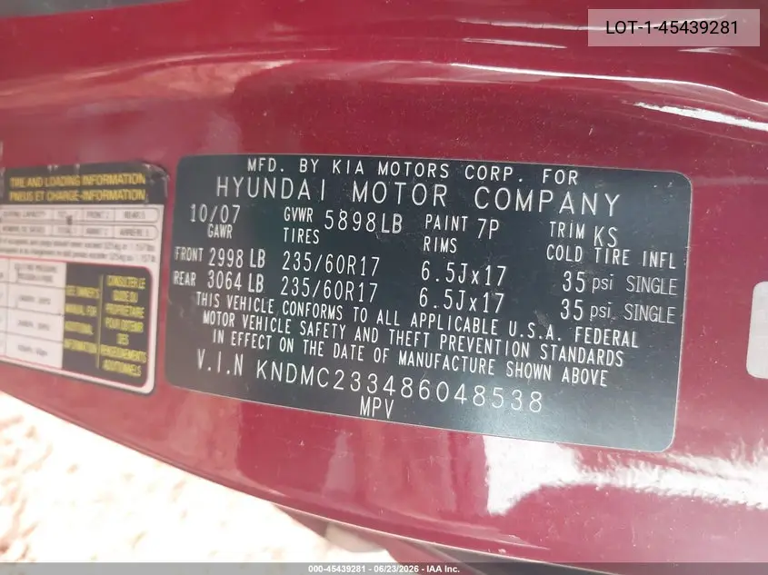 2020 Hyundai Entourage VIN: LOT-1-45439281 Lot: 45439281