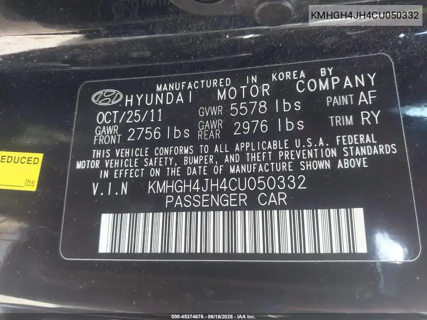 2012 Hyundai Equus Signature VIN: KMHGH4JH4CU050332 Lot: 45374876