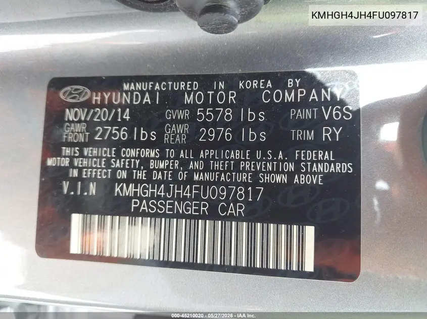 2015 Hyundai Equus Ultimate VIN: KMHGH4JH4FU097817 Lot: 45210020