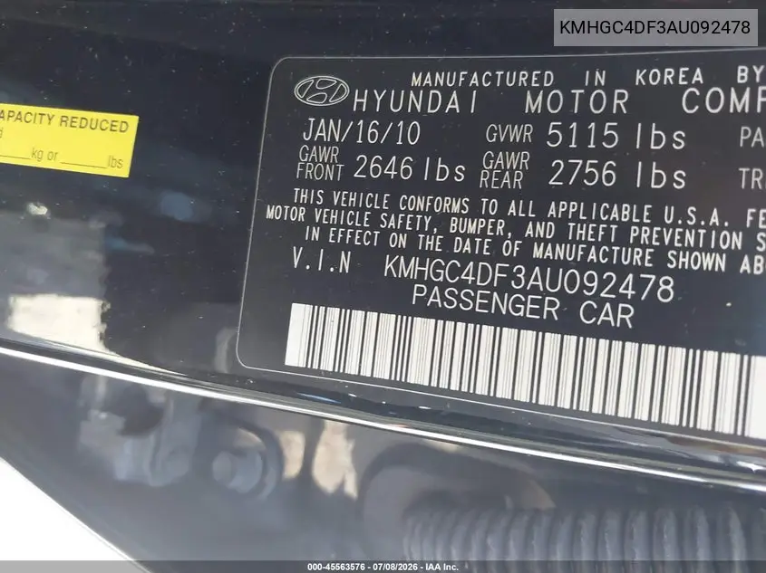 2010 Hyundai Genesis 4.6 VIN: KMHGC4DF3AU092478 Lot: 45563576