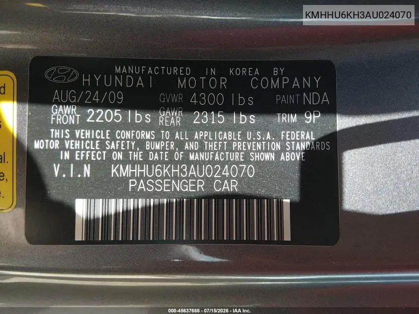 2010 Hyundai Genesis 3.8 Track VIN: KMHHU6KH3AU024070 Lot: 45637686