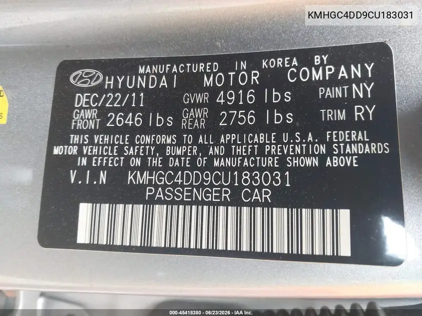 2012 Hyundai Genesis 3.8 VIN: KMHGC4DD9CU183031 Lot: 45418380