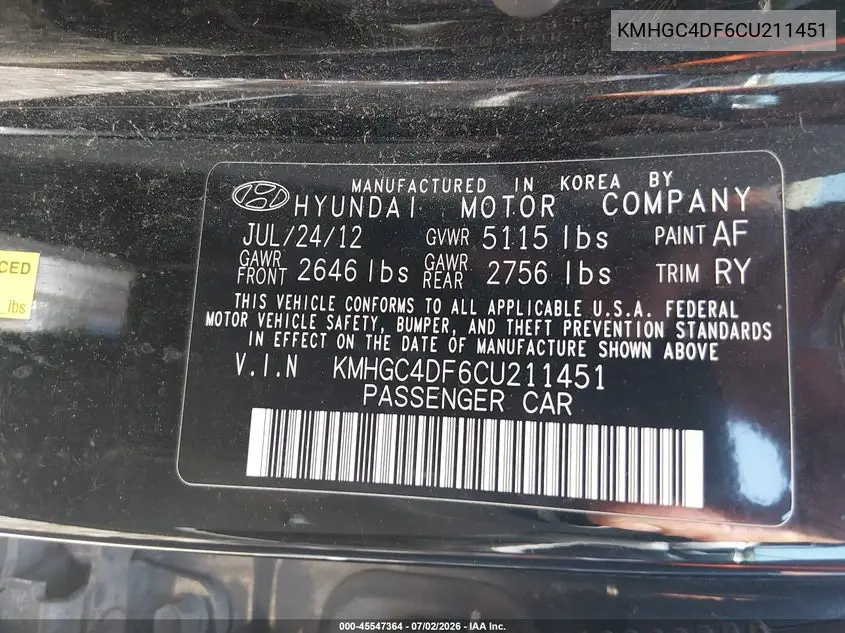 2012 Hyundai Genesis 4.6 VIN: KMHGC4DF6CU211451 Lot: 45547364