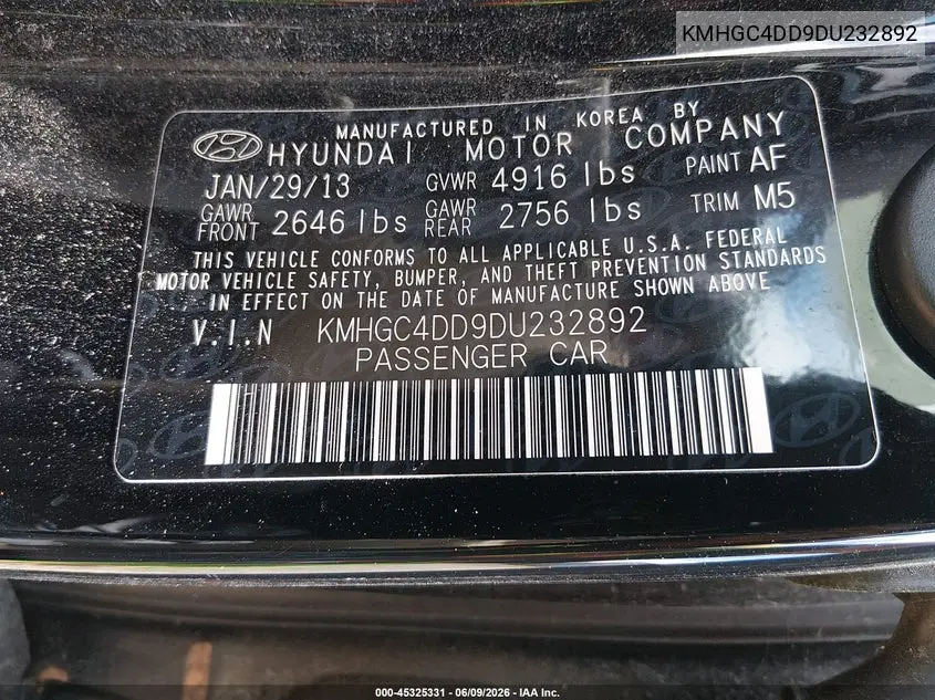 2013 Hyundai Genesis 3.8 VIN: KMHGC4DD9DU232892 Lot: 45325331