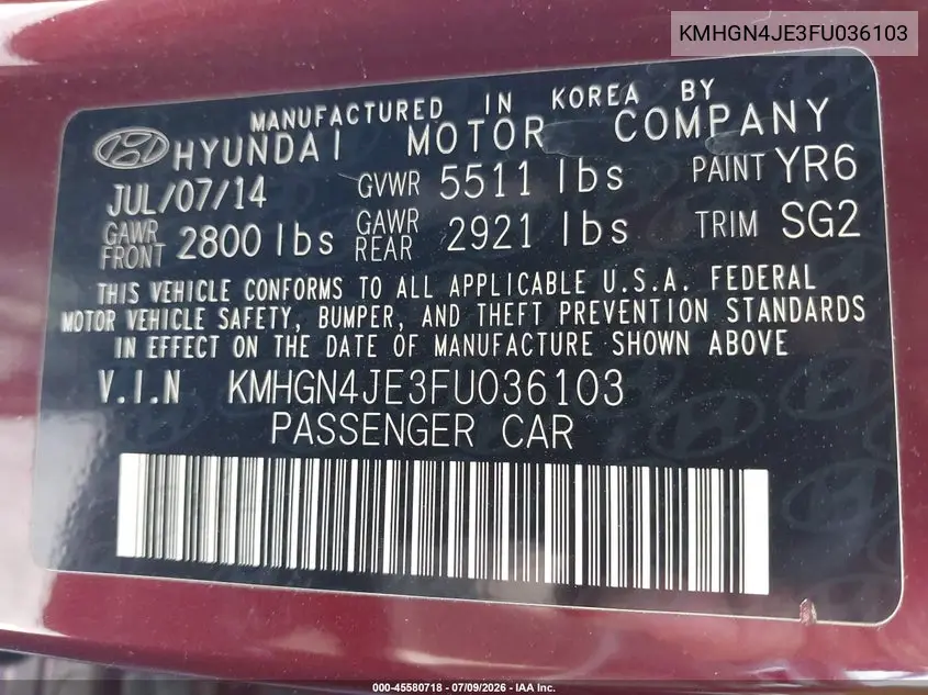 2015 Hyundai Genesis 3.8 VIN: KMHGN4JE3FU036103 Lot: 45580718