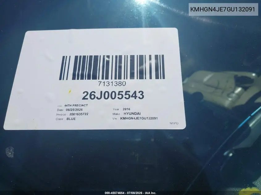 2016 Hyundai Genesis 3.8 VIN: KMHGN4JE7GU132091 Lot: 45574654