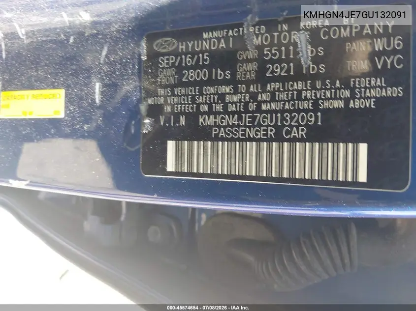 2016 Hyundai Genesis 3.8 VIN: KMHGN4JE7GU132091 Lot: 45574654