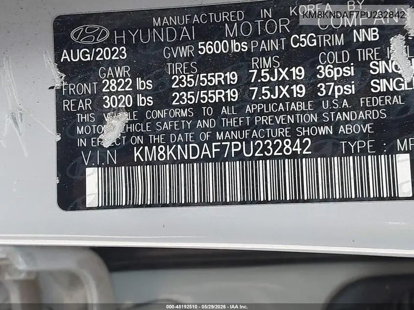 2023 Hyundai Ioniq 5 Sel VIN: KM8KNDAF7PU232842 Lot: 45192510