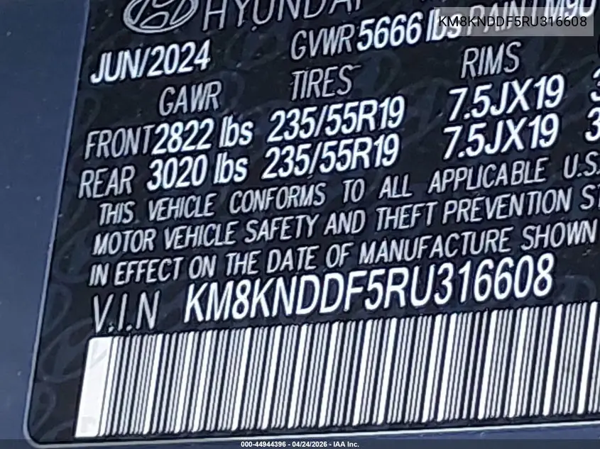 2024 Hyundai Ioniq 5 Sel VIN: KM8KNDDF5RU316608 Lot: 44944396