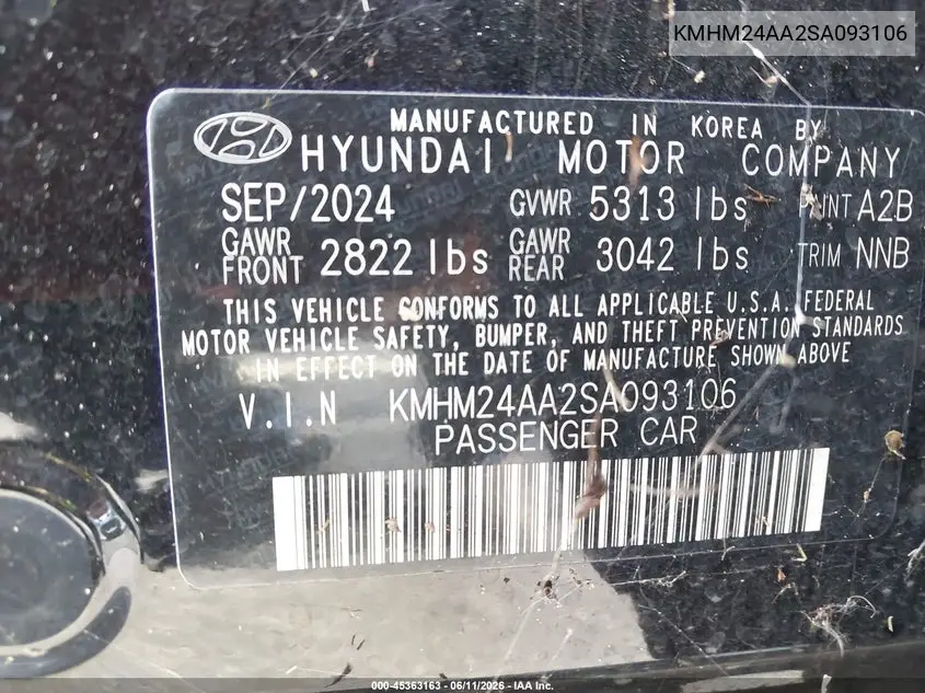 2025 Hyundai Ioniq 6 Se VIN: KMHM24AA2SA093106 Lot: 45363163