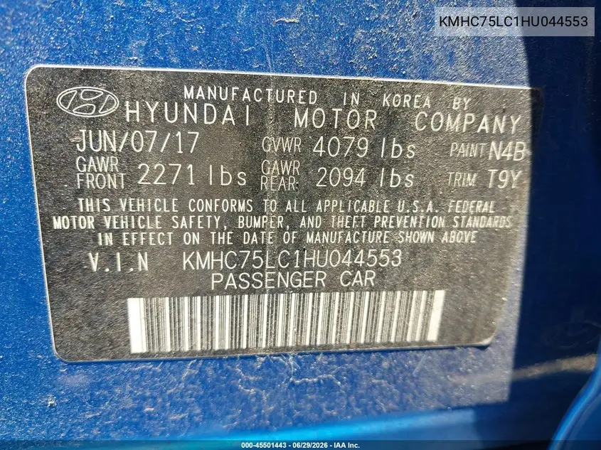 2017 Hyundai Ioniq Hybrid Sel VIN: KMHC75LC1HU044553 Lot: 45501443