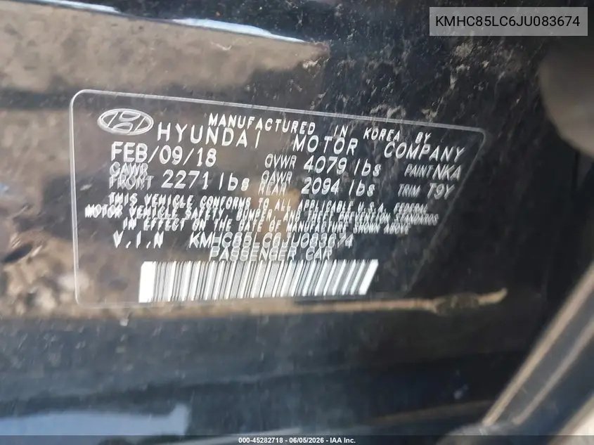 2018 Hyundai Ioniq Hybrid Limited VIN: KMHC85LC6JU083674 Lot: 45282718