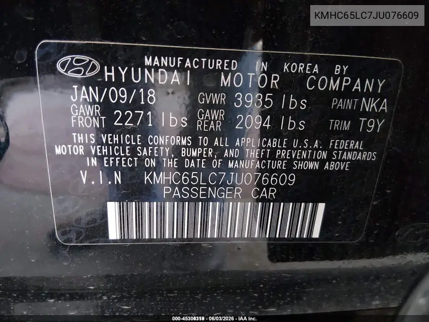 2018 Hyundai Ioniq Hybrid Blue VIN: KMHC65LC7JU076609 Lot: 45306319