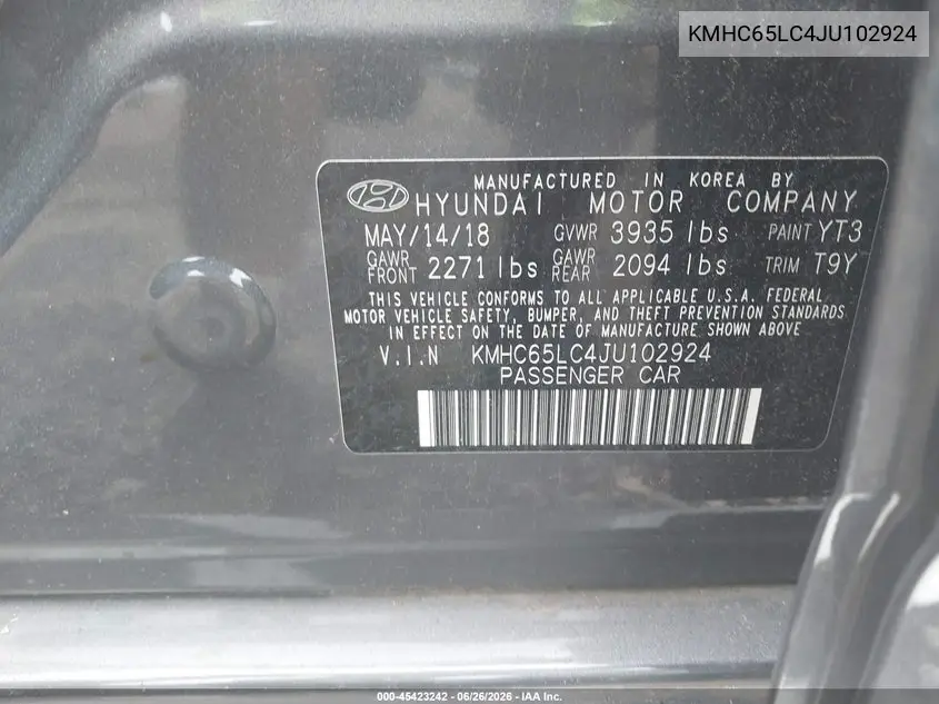 2018 Hyundai Ioniq Hybrid Blue VIN: KMHC65LC4JU102924 Lot: 45423242