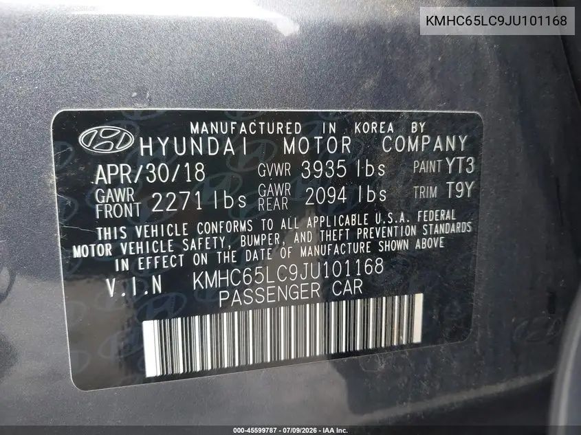 2018 Hyundai Ioniq Hybrid Blue VIN: KMHC65LC9JU101168 Lot: 45599787