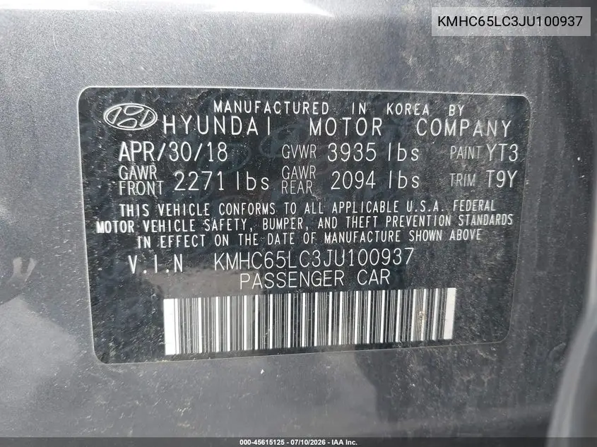 2018 Hyundai Ioniq Hybrid Blue VIN: KMHC65LC3JU100937 Lot: 45615125