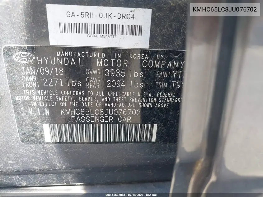 2018 Hyundai Ioniq Hybrid Blue VIN: KMHC65LC8JU076702 Lot: 45637081