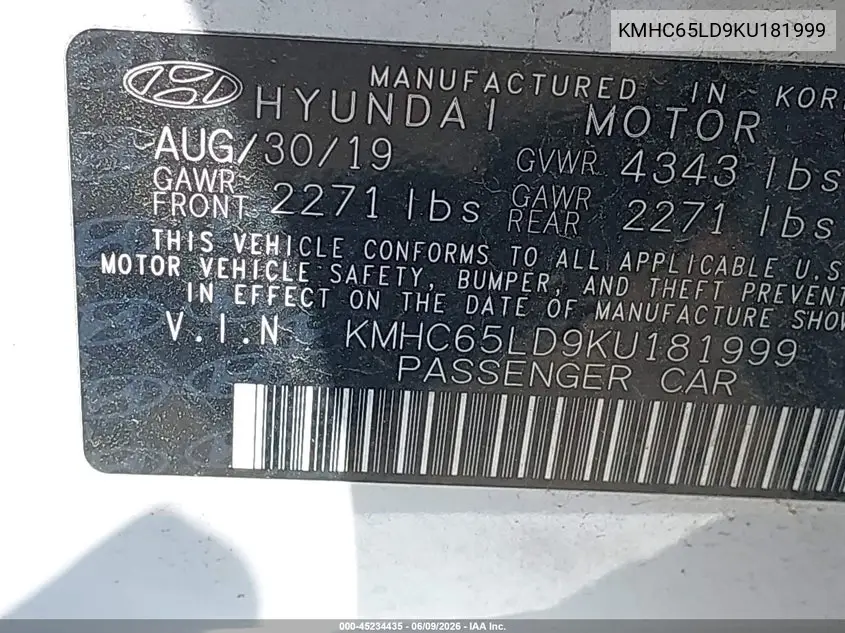2019 Hyundai Ioniq Plug-In Hybrid VIN: KMHC65LD9KU181999 Lot: 45234435