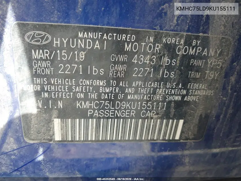 2019 Hyundai Ioniq Plug-In Hybrid Limited VIN: KMHC75LD9KU155111 Lot: 45352549