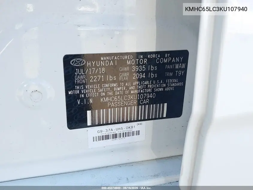 2019 Hyundai Ioniq Hybrid Blue VIN: KMHC65LC3KU107940 Lot: 45374600