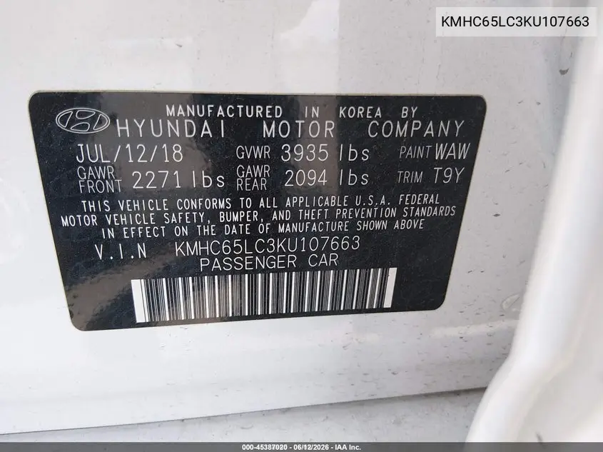 2019 Hyundai Ioniq Hybrid Blue VIN: KMHC65LC3KU107663 Lot: 45387020