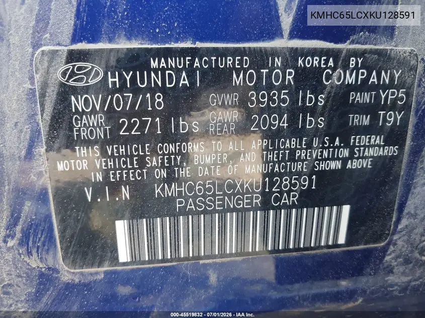 2019 Hyundai Ioniq Hybrid Blue VIN: KMHC65LCXKU128591 Lot: 45519832