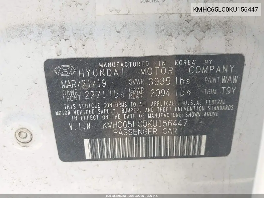 2019 Hyundai Ioniq Hybrid Blue VIN: KMHC65LC0KU156447 Lot: 45528223