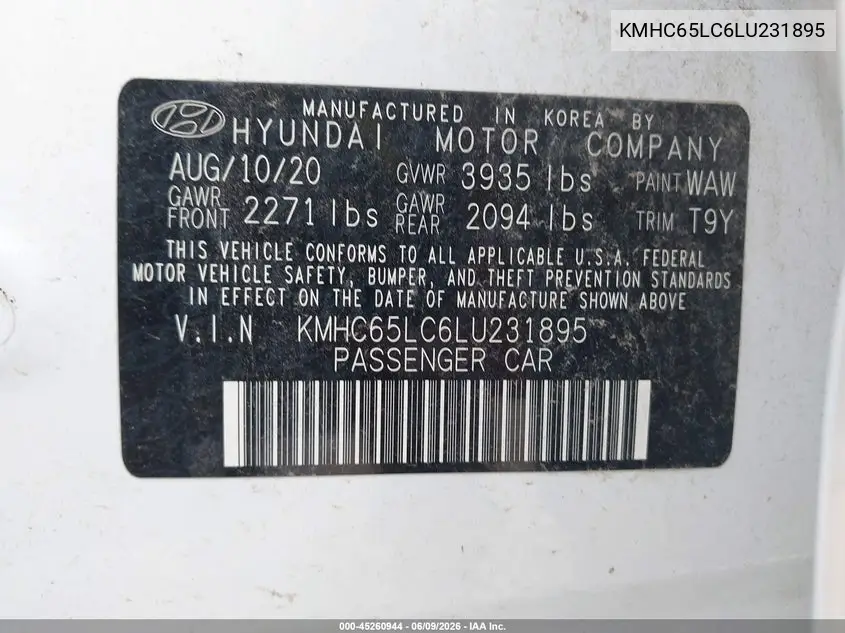 2020 Hyundai Ioniq Hybrid Blue VIN: KMHC65LC6LU231895 Lot: 45260944