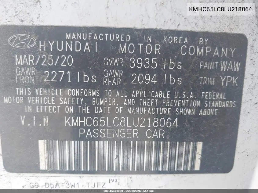 2020 Hyundai Ioniq Hybrid Blue VIN: KMHC65LC8LU218064 Lot: 45331899