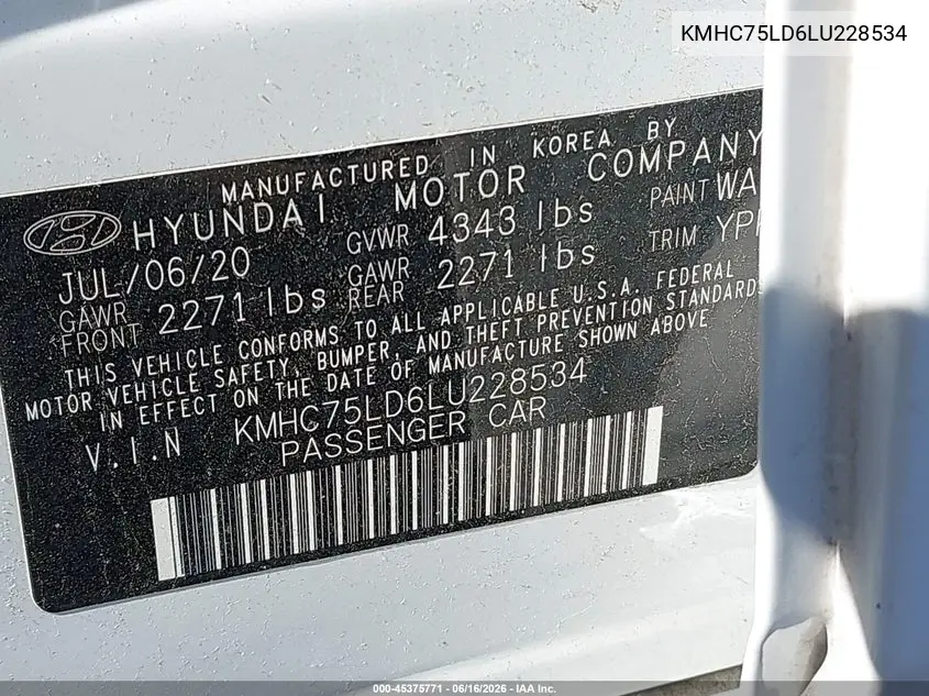 2020 Hyundai Ioniq Plug-In Hybrid Sel VIN: KMHC75LD6LU228534 Lot: 45375771