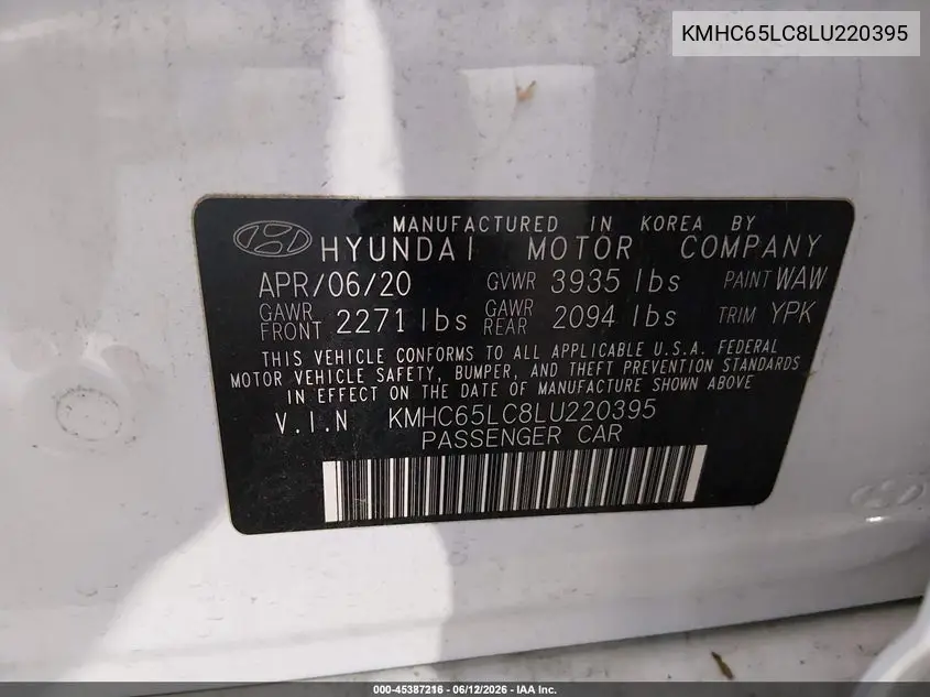 2020 Hyundai Ioniq Hybrid Blue VIN: KMHC65LC8LU220395 Lot: 45387216