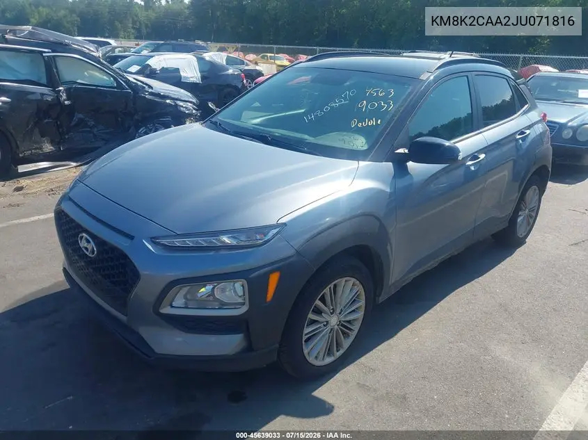 2018 Hyundai Kona Sel VIN: KM8K2CAA2JU071816 Lot: 45639033