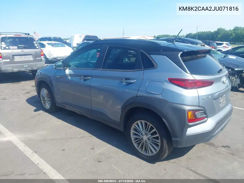 2018 Hyundai Kona Sel VIN: KM8K2CAA2JU071816 Lot: 45639033