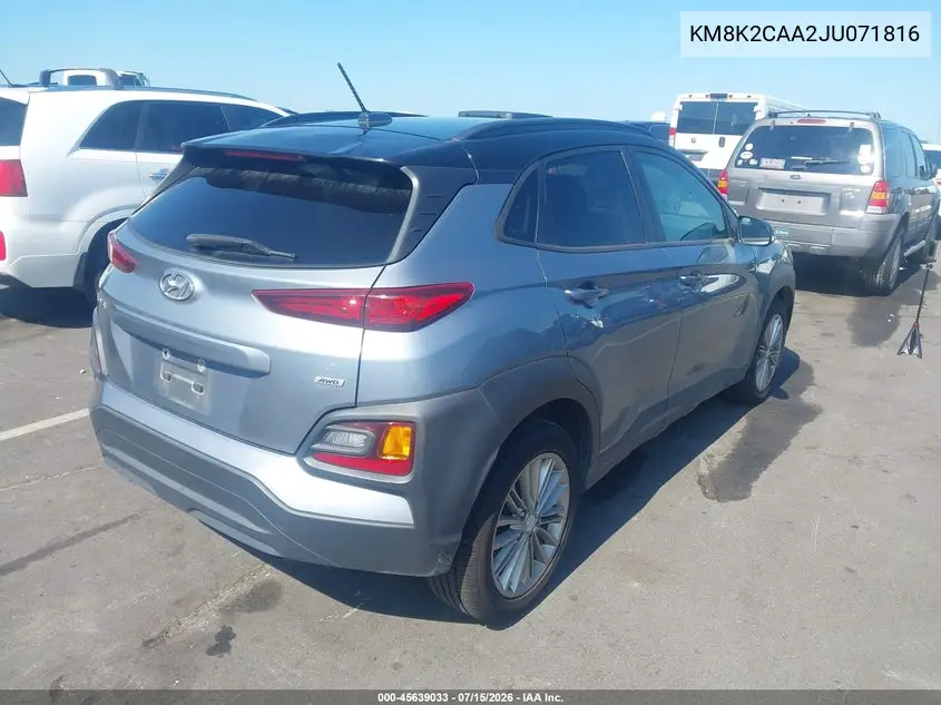 2018 Hyundai Kona Sel VIN: KM8K2CAA2JU071816 Lot: 45639033